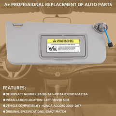Gray Left Driver Side Sun Visor with Light Compatible with Honda Accord 2008-2017 Replaces# 83280-TA5-A51ZA 83280-TA5-A71ZA