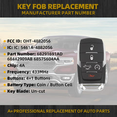 Key Fob Replacement Smart Keyless Entry Smart Remote Control Compatible with Ram 1500 2019-2024 5 Buttons Replace#68291691AD OHT-4882056