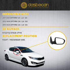 Passenger Side Mirror Compatible with 2011 2012 2013 Kia Optima White Right Mirror with Signal Light, Manual Folding, Power Glass Replace# KI1321152 87620-2T110 (5 PINS)