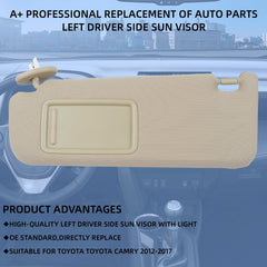 Left Driver Side Sun Visor with Light Compatible with Toyota Camry 2012-2017 Beige Replaces 74320-06610-B1 74320-06610-B2 74320-06611-B2 74320-33F40-B0