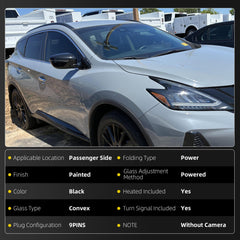 Passenger Mirror Black Compatible with 15-24 Nissan Murano 9Pins | Heated Power Folding Power Glass With Turn Signal Light Right Rear View Mirror Replaces 96301-5AP4A 963015AP4A