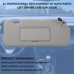 Right Passenger Side Sun Visor with Light Compatible with Nissan Murano 2009 2010 2011 2012 2013 2014 Gray 96400-1AA1B