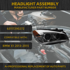 Xenon Headlight w/LED DRL Compatible With BMW X1 2013-2015 Headlamp assembly Right Passenger Side Replaces#63117290272