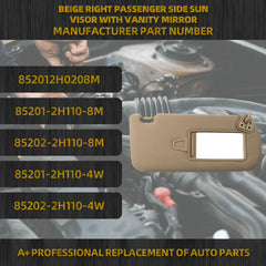 Beige Right Passenger Side Sun Visor with Vanity Mirror Compatible with Hyundai Elantra 2007 2008 2009 2010 Replaces# 852012H0208M 85201-2H110-8M 85202-2H110-8M 85201-2H110-4W 85202-2H110-4W