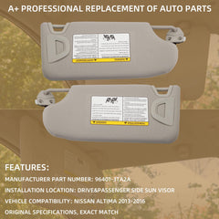 Gray Pair Sun Visor Compatible with Nissan Altima 2013-2018 with Mirror and Vanity Light Without Sunroof Replaces# 96401-3TA2A