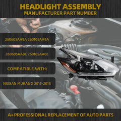 Halogen Headlight Compatible With Nissan Murano 2015-2018 Black LED DRL Projector Headlamp Assembly Right Passenger Side Replaces# 260605AA9A 260105AA9A 260605AA0E 260105AA0E