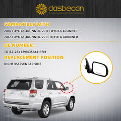 Right Passenger Side Mirror Compatible with 2010-2013 Toyota 4runner with Power Heated Glass, Manual Folding, Turn Signal, Puddle Light, Gloss Black Cover Replace# TO1321263(9Pins)