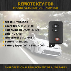 Key Fob Replacement Compatible with Toyota RAV4 2008-2012 Toyota Prius 2010-2014 Toyota Highlander 2007-2014 Keyless Entry Remote Control Replace#89904-48100 HYQ14AAB 3 Buttons