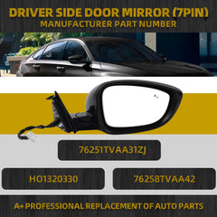 Right Passenger Side Door Mirror Compatible with Honda Accord EXL Hybird Touring 2018-2022 Power | Heated | Blind Spot Detection |Turn Signal | HO1321330 76201TVAA31ZJ, (8Pins-Black)