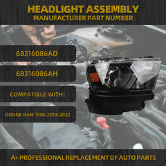 Halogen Headlights Compatible With Dodge Ram 1500 2019-2022 Black Frame Headlamp assembly Right Passenger Side Replaces#68316086AD 68316086AH