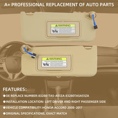 Beige Pair Left Driver and Right Passenger Side Sun Visor with Light Compatible with Honda Accord 2008-2017 Replaces# 83280-TA5-A51ZA