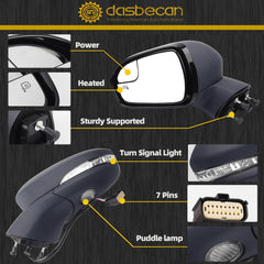 Left Driver Side Mirror Assembly Compatible with Ford Fusion 2013-2016 Power | Heated | Turn Signal | Puddle Light | Manual Folding| FS73-17683| Paintable|7Pins