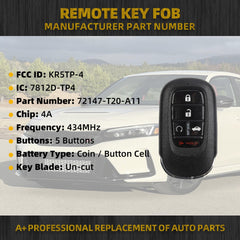 Smart Key Fob Replacement Compatible with 2023 2024 Honda Accord 2022-2024 Civic Car Remote Control Keyless Entry FCC ID#KR5TP-4 Replace#72147-T20-A11 5 Buttons with Coin Battery