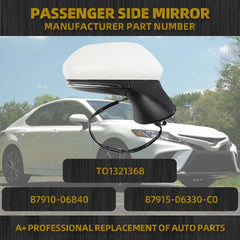 Passenger Side Mirror Compatible with 2018-2024 Toyota Camry with Heated Turn Signal Blind Spot Detection BSM Right View Door Mirror Assembly White 7 Pins Replaces# TO1321368 87910-06840
