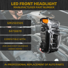 Full LED Right Passenger Headlight Assembly Headlamp Compatible With Chevy Silverado 2500HD 3500HD 2020-2023 Replace 84738619 GM2503505