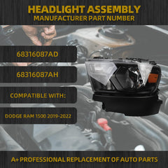 Halogen Headlights Compatible With Dodge Ram 1500 2019-2022 Black Frame Headlamp assembly Left Driver Side Replaces#68316087AD 68316087AH