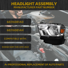 Halogen Headlights Compatible With Dodge Ram 1500 2019-2022 Chrome Frame Headlamp assembly Left Driver Side Replaces#68316081AD 68316081AH