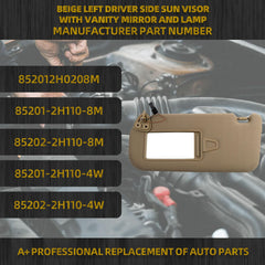 Left Driver Side Sun Visor with Vanity Light |Makeup Mirror| Compatible with Hyundai Elantra 2007-2010 Replace# 852012H0208M 85201-2H110-8M 85202-2H110-8M 85201-2H110-4W 85202-2H110-4W(Beige)