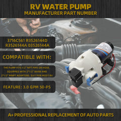 RV Water Pump Compatible with Pump fits 1/2'' NPT pipe or hose Equipped with 2 * 1/2'' Barb and 2 * 1/2'' MNPT adapters suit for most RV OE# R3526144D R3526144A 03526144A