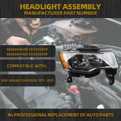 Halogen Headlights Compatible With Jeep Grand Cherokee 2017-2021 Chrome Housing Right Passenger Side Headlamp assembly w/Bulbs Replaces#68266646AD