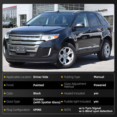 Left Driver Side Door Mirror Compatible with Ford Edge 2012-2014, 2011 Edge From 2-08-11 Production Date Manual Folding Heated Without Turn Signal light Without Blind spot detection (6pins)