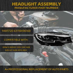 LED Headlamp Compatible With BMW3 Series 320i 330i 340i G20 G21 G28 2019-2021 Headlight Right Passenger Side Black Housing Clear Lens Replaces# 9481719 9481721