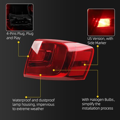 Passenger Tail Light Assembly Compatible with 2011-2014 Volkswagen Jetta Rear Lamp Outer Right Side with Halogen Bulbs Rear Taillight, Cannot fit to Hybrid Replaces# VW2805107 5C6945096D - Dasbecan