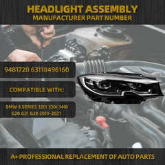 LED Headlight Compatible With BMW3 Series 320i 330i 340i G20 G21 G28 2019-2021 Headlight Right Passenger Side Black Housing Clear Lens Replaces# 9481719 9481721