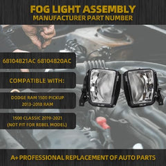 Fog Lights Compatible With 2013-2018 Dodge Ram 1500 ＆ 2019-2021 RAM 1500 Classic Pickup(Not Fit for Rebel Model) Clear Lens Front Bumper Driving Lamps w/Bulbs Driver & Passenger Side