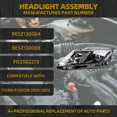 Dasbecan Halogen Headlight Compatible with 2010 2011 2012 Ford Fusion Left Driver Side Headlight Assembly Black Housing