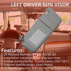 Dasbecan Left & Right Driver Side Sun Visor for Toyota Camry 2005-2012 74320-04181-B1 74310-04081-B0