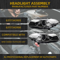 Dasbecan Xenon/HID Headlamp Without Drive module Compatible With 2014-2017 BMW 5 series F10 550i 535i 528i Left+Right Side（W/O AFS） Replaces# 63117343905 63117343906 （Not Plug and Play）