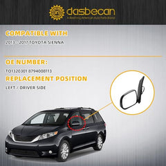 Left Driver Side Door Mirror Compatible With 2013-2017 Toyota Sienna Side Mirror with Manual Folding Power Heated Glass BSD Replace#TO1320301 Gloss Black Cover (6pins)