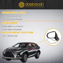 Dasbecan Side View Mirror Compatible with 2016-2022 Lexus RX350 2018-2022 RX450h RX350L RX450hL View Mirror with Blind Spot Indicator/Heated/Memory/Turn Signal Light/Power Folding (15pins)