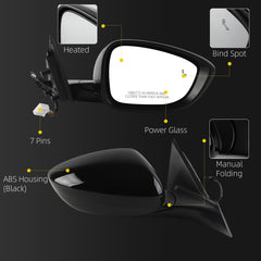 Side Rear View Mirror Black Compatible with 2023-2026 Honda Accord Power Heated Blind Spot Manual Folding HD Glass Passenger Right Mirror Assembly Replace#76208TVAA22 HO1321356(7pin)