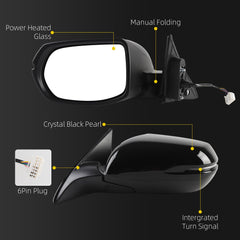 Driver Side Mirror Compatible with 2017-2022 Honda HRV EX EXL Power Heated Glass, Manual Folding, Turn Signal Replace# HO1320286 (6Pins) Crystal Black