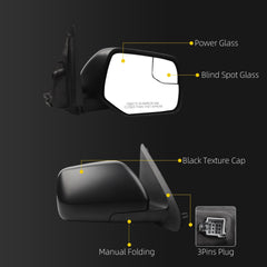 Right Passenger Side Mirror Compatible with 2008-2012 Ford Escape with Power Glass, Blind Spot Glass, Non-Heated, Manual Folding, Black Texture Cap Replace#FO1321291 AL8Z17682AA (3Pins)