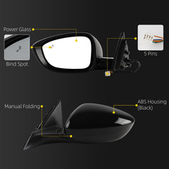Side Rear View Mirror Black Compatible with 2023-2026 Honda Accord Power Glass Blind Spot Manual Folding HD Lens Driver Left Door Mirror Replace#7625830BA01 HO1320358(5pin)