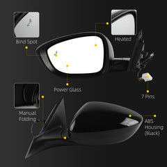 Side Rear View Mirror Black Compatible with 2023-2026 Honda Accord Power Heated Blind Spot Manual Folding HD Glass Lens Driver Left Mirror Assembly Replace#7625830AA11 HO1320356(7pin)