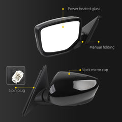 Left Driver Side Mirror Compatible with 2008-2012 Honda Accord with Power Heated Glass, Manual Folding, Black Mirror Cap Replace# HO1320231 76258TA5A11 (5Pins)