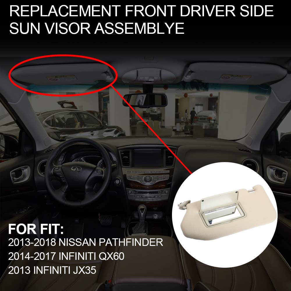 Gray Left Driver Side Sun Visor Compatible with Nissan Pathfinder 2013-2018 Infiniti QX60 2014-2017 JX35 2013 Replaces# 96401-9PB0A - Dasbecan