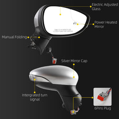 Right Passenger Side Mirror Compatible with 2009-2017 Ford Fiesta with Power Heated Glass, Turn Signal, Manual Folding, Silver Cap Replace#FO1321458 FO1321459 (6Pins)