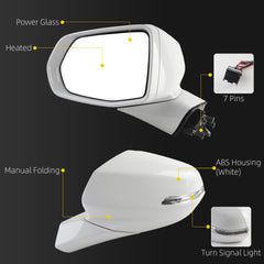 Rear View Mirror Assembly Compatible with Chevy Chevrolet Blazer 2019-2025 Manual Folding Heated Power Glass Turn Signal Light Replace 84539677 Left Driver Side White(7Pins)