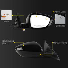 Side Rear View Mirror Black Compatible with 2023-2026 Honda Accord Power Glass Blind Spot Manual Folding HD Lens Passenger Right Door Mirror Replace#7620830BA01 HO1321358(5pin)