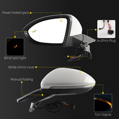 White Driver Side Mirror Compatible with 2015-2020 VW Golf Left Mirror 6+2Pins Power Heated Glass/ Blind Spot Light/ Turn Signal/ Manual Folding Replace 5GM857507