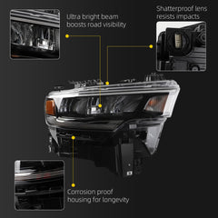 Right Passenger Side Headlight Assembly Compatible with Ram 1500 2025-2026 Replace 68530376AA Chrome Trim Head Lamp Light Replacement