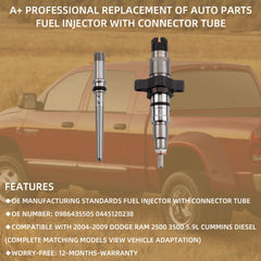 Diesel Fuel Injector With Connector Tube Compatible with 2004 2005 2006 2007 2008 2009 Dodge Ram 2500 3500 Cummins 5.9 Diesel Replace 0986435505 0445120238