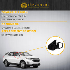 Right Passenger Side Mirror Compatible With 2018-2023 Chevy Equinox GMC Terrain with Power Heated Glass/Manual Folding/Blind Spot Light Replace# 84225387 White Paint Cover (8pin)