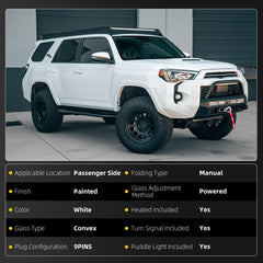 Right Passenger Side Mirror Compatible with Toyota 4Runner 2014-2023 Manual Folding Power Adjustable Glass Heated Turn Signal Puddle Light Replaces TO1321312 White 9Pins