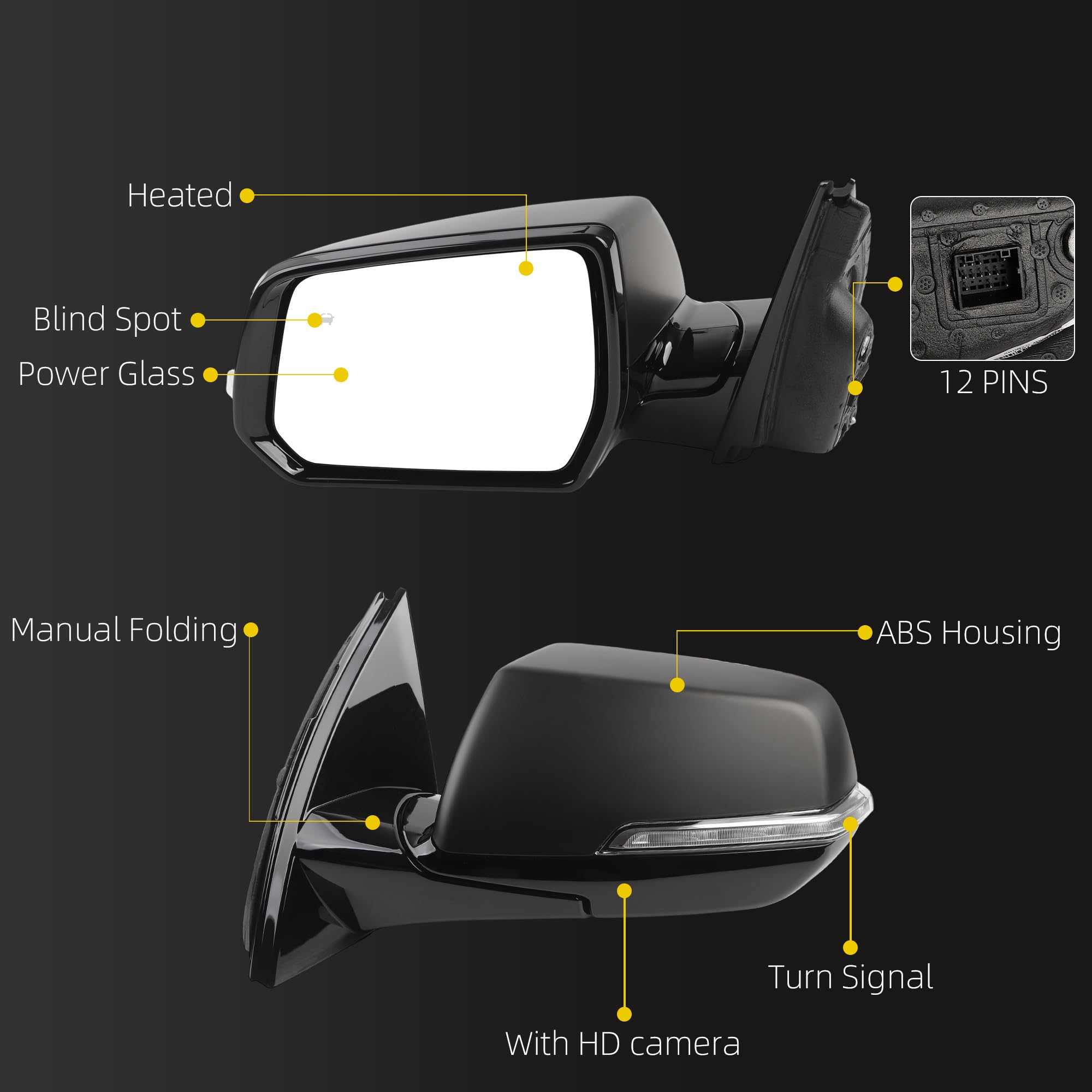 Side Rear View Mirror Compatible with 2018-2019 Chevy/Chevrolet Traverse LT Door Rearview Mirror Power Glass Blind Spot Turn Signal with HD Camera Driver Left 84498310(12pin) - Dasbecan